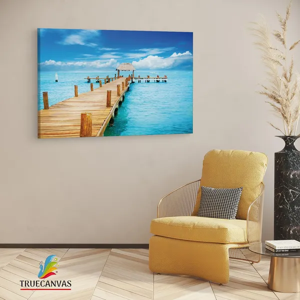 Multicolor_Tropical_Ocean_Pier_Wall_Mural,_Wooden_Framed_Canvas_Paintings_|_For_Living_Room_|_Bedroom_|_Office_|_Gallery_|_Ready_Wall_Mount_Canvas_Wall_Art_Painting_|_Size_-_12_X_18In,_Ct0685