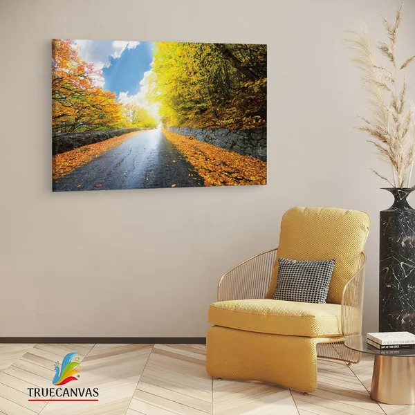 Multicolor_|_Forest_Road_Yellow_Tree_With_Sun,_Wooden_Framed_Canvas_Paintings_|_For_Living_Room_|_Bedroom_|_Office_|_Gallery_|_Ready_Wall_Mount_Canvas_Wall_Art_Painting_|_Size_-_12_X_18In,_Ct0823