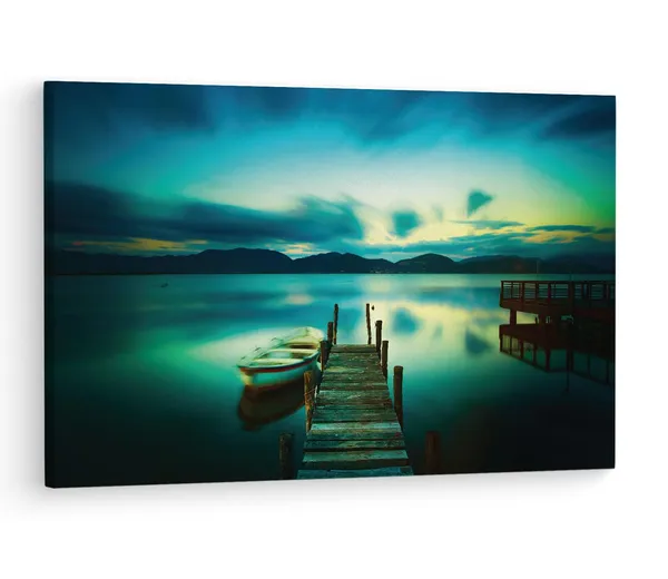 Multicolor_Wooden_Jetty_And_Boat_In_Sea,_Wooden_Framed_Canvas_Paintings_|_For_Living_Room_|_Bedroom_|_Office_|_Gallery_|_Ready_Wall_Mount_Canvas_Wall_Art_Painting_|_Size_-_12_X_18In,_Ct0926