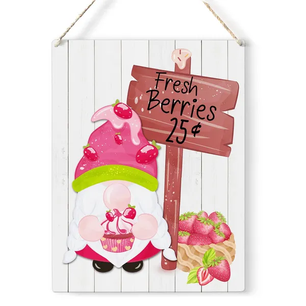 Multicolor_Strawberry_Gnome_Wood_Sign_Fresh_Berries_Wooden_Signs_Rustic_Summer_Hanging_Plaque_Home_Wall_Art_8"_X_10"_Sign_Wall_Decor_|_For_Home_Farmhouse_Kitchen