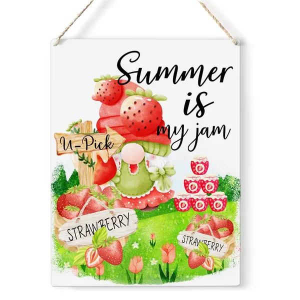 Multicolor_Strawberry_Gnome_Wood_Sign_Summer_Is_My_Jam_Wooden_Signs_Rustic_Summer_Hanging_Plaque_Home_Wall_Art_8"_X_10"_Sign_Wall_Decor_|_For_Home_Kitchen