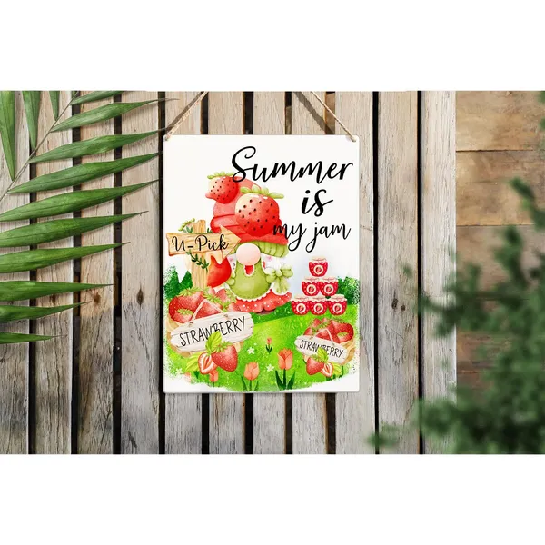 Multicolor_Strawberry_Gnome_Wood_Sign_Summer_Is_My_Jam_Wooden_Signs_Rustic_Summer_Hanging_Plaque_Home_Wall_Art_8"_X_10"_Sign_Wall_Decor_|_For_Home_Kitchen