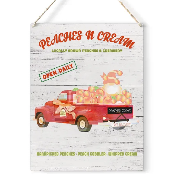 Multicolor_Peaches_N_Cream_Wood_Sign_Peach_Gnome_Truck_Wooden_Signs_Rustic_Summer_Hanging_Plaque_Home_Wall_Art_8"_X_10"_Sign_Wall_Decor_|_For_Home_Kitchen_Farmhouse