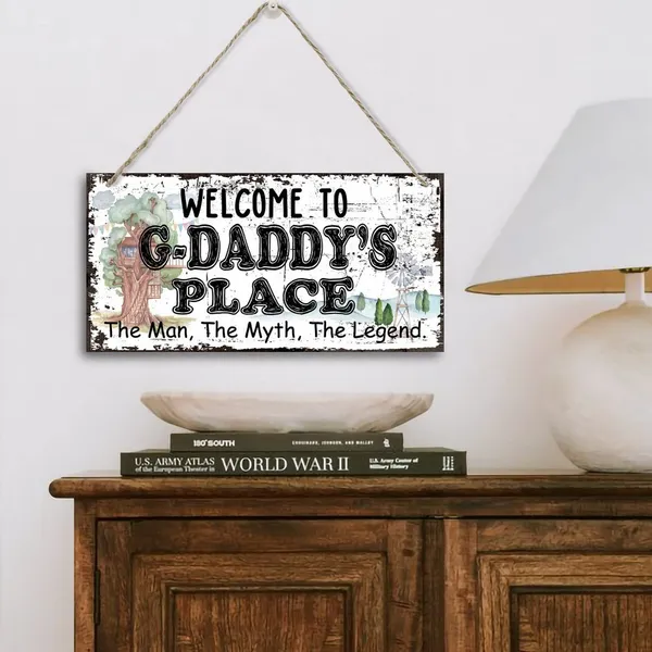 White_Vintage_Style_Welcome_To_G-Daddy'S_Place_The_Man,_The_Myth,_The_Legend_Decor_Sign,_Printed_Wood_Plaque_Sign_Wall_Hanging,_Hanging_Wood_Sign_Home_Decor,_Father'S_Day_Gift_|_For_Grandpa_12"_X_6"