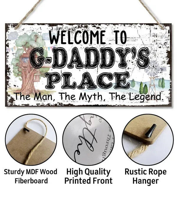 White_Vintage_Style_Welcome_To_G-Daddy'S_Place_The_Man,_The_Myth,_The_Legend_Decor_Sign,_Printed_Wood_Plaque_Sign_Wall_Hanging,_Hanging_Wood_Sign_Home_Decor,_Father'S_Day_Gift_|_For_Grandpa_12"_X_6"