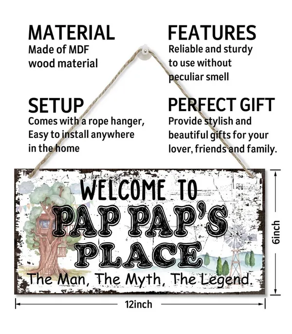 White_Vintage_Style_Welcome_To_Pap_Pap'S_Place_The_Man,_The_Myth,_The_Legend_Decor_Sign,_Printed_Wood_Plaque_Sign_Wall_Hanging,_Hanging_Wood_Sign_Home_Decor,_Father'S_Day_Gift_|_For_Grandpa_12"_X_6"
