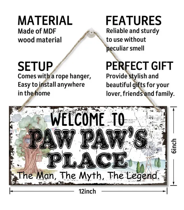 White_Vintage_Style_Welcome_To_Paw_Paw'S_Place_The_Man,_The_Myth,_The_Legend_Decor_Sign,_Printed_Wood_Plaque_Sign_Wall_Hanging,_Hanging_Wood_Sign_Home_Decor,_Father'S_Day_Gift_|_For_Grandpa_12"_X_6"
