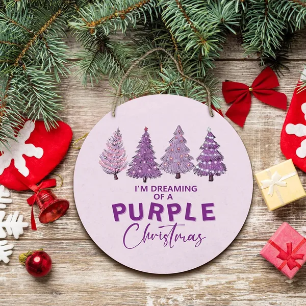 Multicolor_Purple_Christmas_Tree_Round_Wreath_Sign,_I'M_Dreaming_Of_A_Purple_Christmas_Wall_Hanging_Plaque_Wood_Sign,_Trendy_Festive_Decor_Decorations_|_For_Wall_Pediments_Door_Porch_Room_Christmas_12_Inch