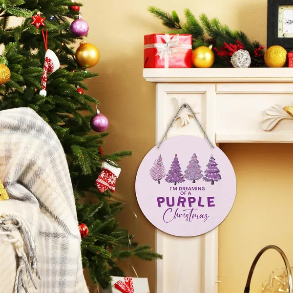 Multicolor_Purple_Christmas_Tree_Round_Wreath_Sign,_I'M_Dreaming_Of_A_Purple_Christmas_Wall_Hanging_Plaque_Wood_Sign,_Trendy_Festive_Decor_Decorations_|_For_Wall_Pediments_Door_Porch_Room_Christmas_12_Inch