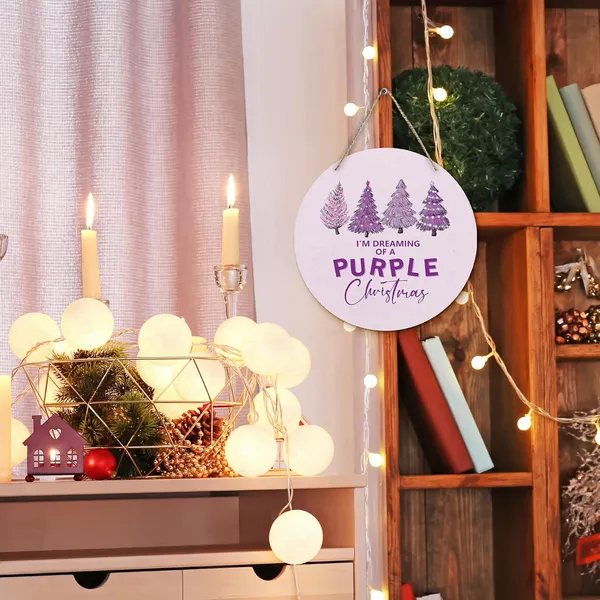 Multicolor_Purple_Christmas_Tree_Round_Wreath_Sign,_I'M_Dreaming_Of_A_Purple_Christmas_Wall_Hanging_Plaque_Wood_Sign,_Trendy_Festive_Decor_Decorations_|_For_Wall_Pediments_Door_Porch_Room_Christmas_12_Inch