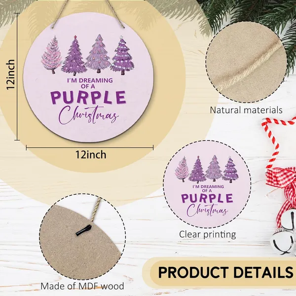 Multicolor_Purple_Christmas_Tree_Round_Wreath_Sign,_I'M_Dreaming_Of_A_Purple_Christmas_Wall_Hanging_Plaque_Wood_Sign,_Trendy_Festive_Decor_Decorations_|_For_Wall_Pediments_Door_Porch_Room_Christmas_12_Inch