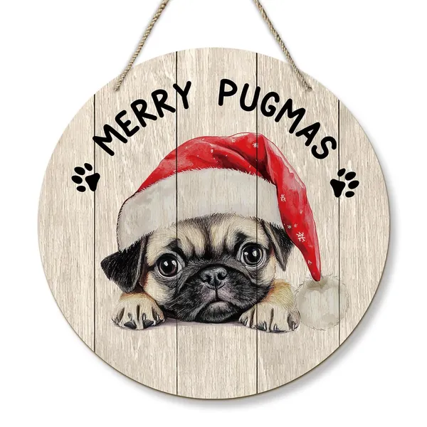 Multicolor_Dog_Pug_Merry_Christmas_Round_Wreath_Sign,_Cute_Merry_Pugmas_Farmhouse_Wall_Hanging_Plaque_Wood_Sign,_Rustic_Festive_Decor_Decorations_|_For_Wall_Pediments_Door_Porch_Room_Christmas_12_Inch