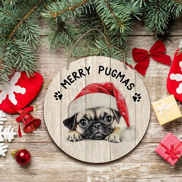 Multicolor_Dog_Pug_Merry_Christmas_Round_Wreath_Sign,_Cute_Merry_Pugmas_Farmhouse_Wall_Hanging_Plaque_Wood_Sign,_Rustic_Festive_Decor_Decorations_|_For_Wall_Pediments_Door_Porch_Room_Christmas_12_Inch