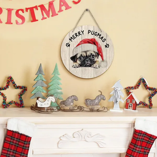 Multicolor_Dog_Pug_Merry_Christmas_Round_Wreath_Sign,_Cute_Merry_Pugmas_Farmhouse_Wall_Hanging_Plaque_Wood_Sign,_Rustic_Festive_Decor_Decorations_|_For_Wall_Pediments_Door_Porch_Room_Christmas_12_Inch