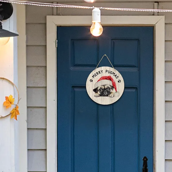 Multicolor_Dog_Pug_Merry_Christmas_Round_Wreath_Sign,_Cute_Merry_Pugmas_Farmhouse_Wall_Hanging_Plaque_Wood_Sign,_Rustic_Festive_Decor_Decorations_|_For_Wall_Pediments_Door_Porch_Room_Christmas_12_Inch