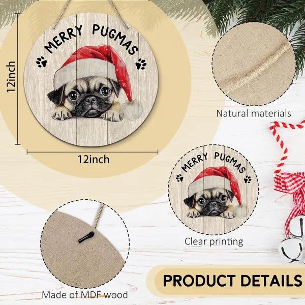 Multicolor_Dog_Pug_Merry_Christmas_Round_Wreath_Sign,_Cute_Merry_Pugmas_Farmhouse_Wall_Hanging_Plaque_Wood_Sign,_Rustic_Festive_Decor_Decorations_|_For_Wall_Pediments_Door_Porch_Room_Christmas_12_Inch