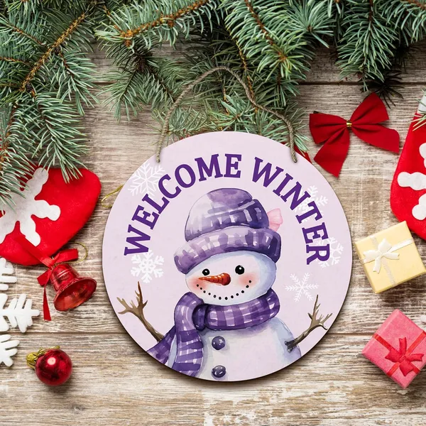 Multicolor_Purple_Welcome_Winter_Christmas_Round_Wreath_Sign_|_For_Front_Door,_Cute_Snowman_Snowflake_Wall_Hanging_Plaque_Wood_Sign,_Trendy_Preppy_Decor_Decorations_|_For_Wall_Pediments_Door_Porch_Room_12_In