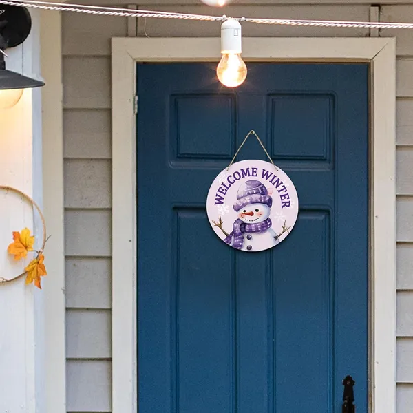 Multicolor_Purple_Welcome_Winter_Christmas_Round_Wreath_Sign_|_For_Front_Door,_Cute_Snowman_Snowflake_Wall_Hanging_Plaque_Wood_Sign,_Trendy_Preppy_Decor_Decorations_|_For_Wall_Pediments_Door_Porch_Room_12_In