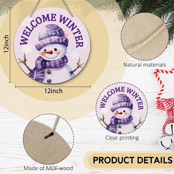 Multicolor_Purple_Welcome_Winter_Christmas_Round_Wreath_Sign_|_For_Front_Door,_Cute_Snowman_Snowflake_Wall_Hanging_Plaque_Wood_Sign,_Trendy_Preppy_Decor_Decorations_|_For_Wall_Pediments_Door_Porch_Room_12_In