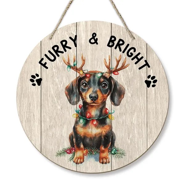 Multicolor_Dog_Dachshund_Christmas_Round_Wreath_Sign,_Cute_Merry_Furry_And_Bright_Farmhouse_Wall_Hanging_Plaque_Wood_Sign,_Rustic_Festive_Decor_Decorations_|_For_Wall_Pediments_Door_Porch_Christmas_12_Inch