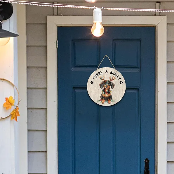 Multicolor_Dog_Dachshund_Christmas_Round_Wreath_Sign,_Cute_Merry_Furry_And_Bright_Farmhouse_Wall_Hanging_Plaque_Wood_Sign,_Rustic_Festive_Decor_Decorations_|_For_Wall_Pediments_Door_Porch_Christmas_12_Inch