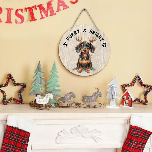 Multicolor_Dog_Dachshund_Christmas_Round_Wreath_Sign,_Cute_Merry_Furry_And_Bright_Farmhouse_Wall_Hanging_Plaque_Wood_Sign,_Rustic_Festive_Decor_Decorations_|_For_Wall_Pediments_Door_Porch_Christmas_12_Inch