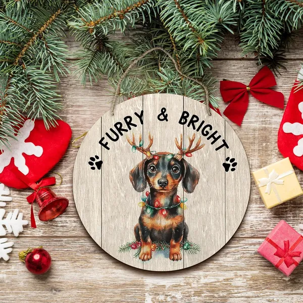 Multicolor_Dog_Dachshund_Christmas_Round_Wreath_Sign,_Cute_Merry_Furry_And_Bright_Farmhouse_Wall_Hanging_Plaque_Wood_Sign,_Rustic_Festive_Decor_Decorations_|_For_Wall_Pediments_Door_Porch_Christmas_12_Inch