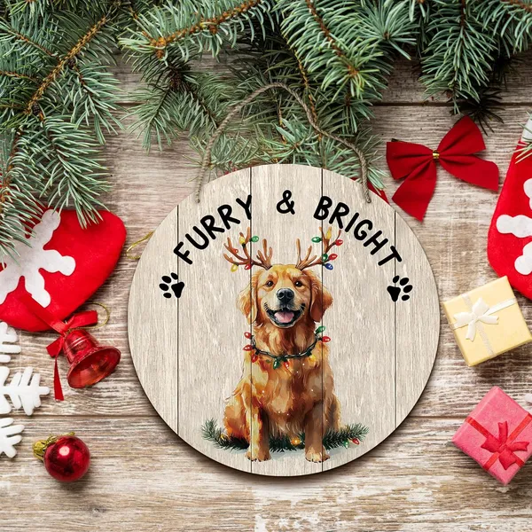 Multicolor_Dog_Golden_Retriever_Christmas_Round_Wreath_Sign,_Cute_Merry_Furry_And_Bright_Farmhouse_Wall_Hanging_Plaque_Wood_Sign,_Rustic_Decor_Decorations_|_For_Wall_Pediments_Door_Porch_Christmas_12_Inch