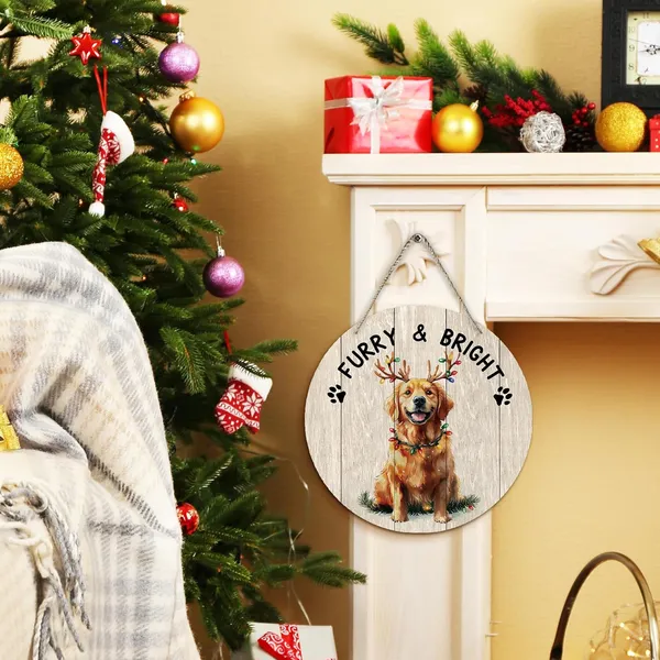 Multicolor_Dog_Golden_Retriever_Christmas_Round_Wreath_Sign,_Cute_Merry_Furry_And_Bright_Farmhouse_Wall_Hanging_Plaque_Wood_Sign,_Rustic_Decor_Decorations_|_For_Wall_Pediments_Door_Porch_Christmas_12_Inch