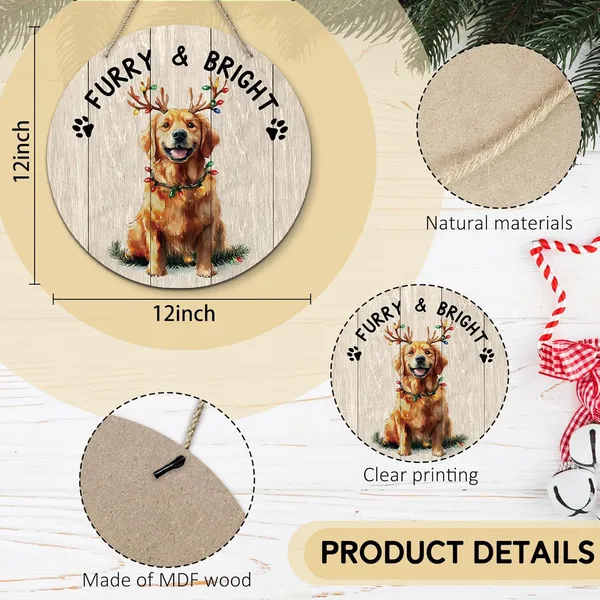 Multicolor_Dog_Golden_Retriever_Christmas_Round_Wreath_Sign,_Cute_Merry_Furry_And_Bright_Farmhouse_Wall_Hanging_Plaque_Wood_Sign,_Rustic_Decor_Decorations_|_For_Wall_Pediments_Door_Porch_Christmas_12_Inch