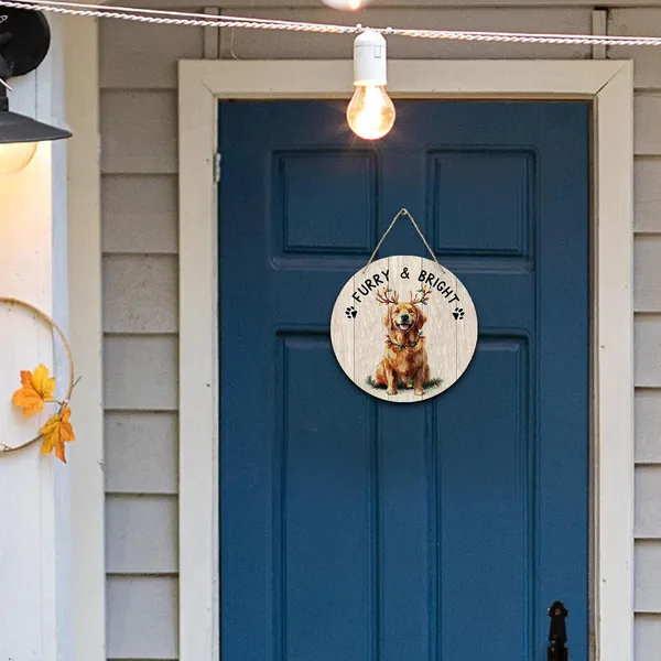 Multicolor_Dog_Golden_Retriever_Christmas_Round_Wreath_Sign,_Cute_Merry_Furry_And_Bright_Farmhouse_Wall_Hanging_Plaque_Wood_Sign,_Rustic_Decor_Decorations_|_For_Wall_Pediments_Door_Porch_Christmas_12_Inch