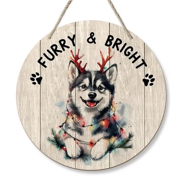 Multicolor_Dog_Husky_Christmas_Round_Wreath_Sign,_Cute_Merry_Furry_And_Bright_Farmhouse_Wall_Hanging_Plaque_Wood_Sign,_Rustic_Festive_Decor_Decorations_|_For_Wall_Pediments_Door_Porch_Room_Christmas_12_Inch