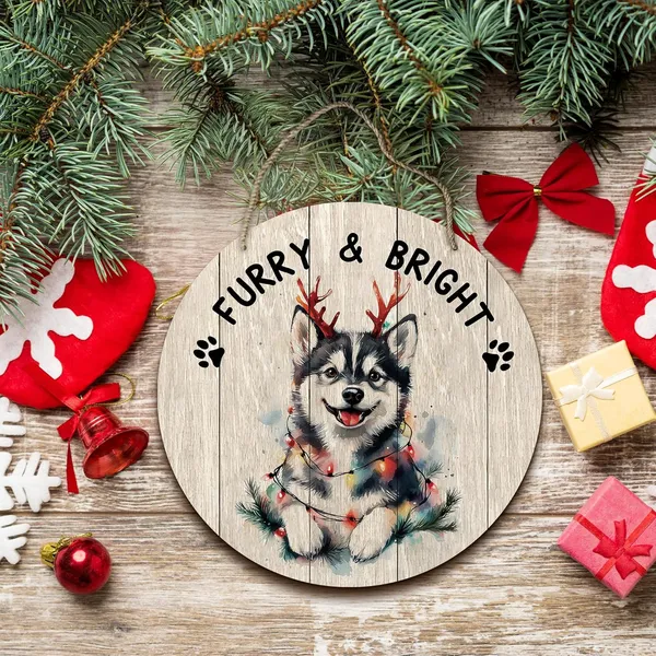 Multicolor_Dog_Husky_Christmas_Round_Wreath_Sign,_Cute_Merry_Furry_And_Bright_Farmhouse_Wall_Hanging_Plaque_Wood_Sign,_Rustic_Festive_Decor_Decorations_|_For_Wall_Pediments_Door_Porch_Room_Christmas_12_Inch