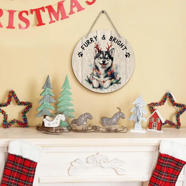 Multicolor_Dog_Husky_Christmas_Round_Wreath_Sign,_Cute_Merry_Furry_And_Bright_Farmhouse_Wall_Hanging_Plaque_Wood_Sign,_Rustic_Festive_Decor_Decorations_|_For_Wall_Pediments_Door_Porch_Room_Christmas_12_Inch