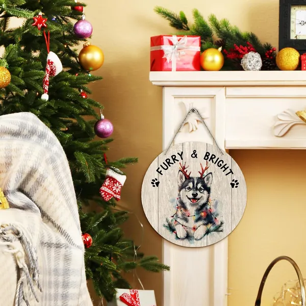 Multicolor_Dog_Husky_Christmas_Round_Wreath_Sign,_Cute_Merry_Furry_And_Bright_Farmhouse_Wall_Hanging_Plaque_Wood_Sign,_Rustic_Festive_Decor_Decorations_|_For_Wall_Pediments_Door_Porch_Room_Christmas_12_Inch