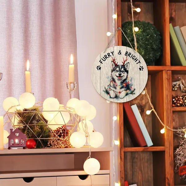 Multicolor_Dog_Husky_Christmas_Round_Wreath_Sign,_Cute_Merry_Furry_And_Bright_Farmhouse_Wall_Hanging_Plaque_Wood_Sign,_Rustic_Festive_Decor_Decorations_|_For_Wall_Pediments_Door_Porch_Room_Christmas_12_Inch