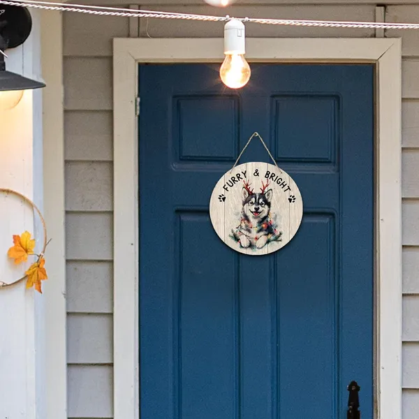 Multicolor_Dog_Husky_Christmas_Round_Wreath_Sign,_Cute_Merry_Furry_And_Bright_Farmhouse_Wall_Hanging_Plaque_Wood_Sign,_Rustic_Festive_Decor_Decorations_|_For_Wall_Pediments_Door_Porch_Room_Christmas_12_Inch