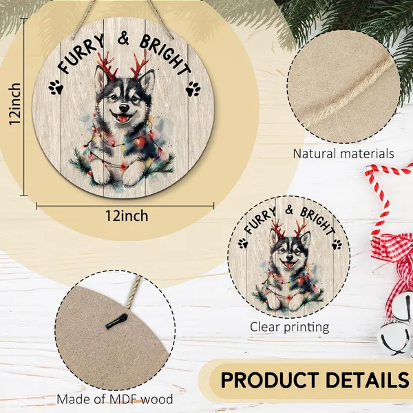 Multicolor_Dog_Husky_Christmas_Round_Wreath_Sign,_Cute_Merry_Furry_And_Bright_Farmhouse_Wall_Hanging_Plaque_Wood_Sign,_Rustic_Festive_Decor_Decorations_|_For_Wall_Pediments_Door_Porch_Room_Christmas_12_Inch