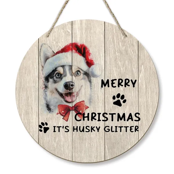 Multicolor_Dog_Husky_Merry_Christmas_Round_Wreath_Sign,_Cute_It'S_Husky_Glitter_Farmhouse_Wall_Hanging_Plaque_Wood_Sign,_Rustic_Festive_Decor_Decorations_|_For_Wall_Pediments_Door_Porch_Home_Christmas_12_In