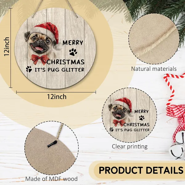 Multicolor_Dog_Pug_Merry_Christmas_Round_Wreath_Sign,_Cute_It'S_Pug_Glitter_Farmhouse_Wall_Hanging_Plaque_Wood_Sign,_Rustic_Festive_Decor_Decorations_|_For_Wall_Pediments_Door_Porch_Room_Christmas_12_Inch