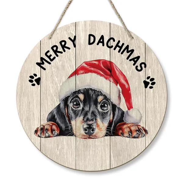 Multicolor_Dog_Dachshund_Merry_Christmas_Round_Wreath_Sign,_Cute_Merry_Dachmas_Farmhouse_Wall_Hanging_Plaque_Wood_Sign,_Rustic_Festive_Decor_Decorations_|_For_Wall_Pediments_Door_Porch_Room_Christmas_12_In