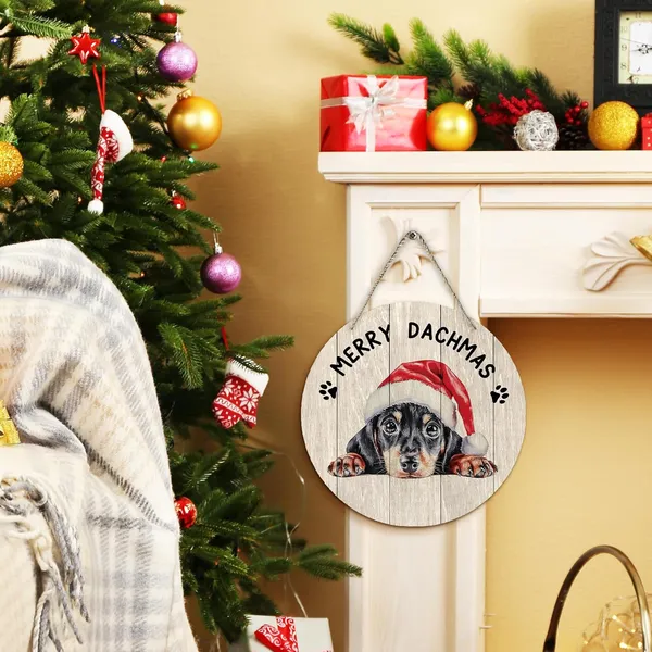 Multicolor_Dog_Dachshund_Merry_Christmas_Round_Wreath_Sign,_Cute_Merry_Dachmas_Farmhouse_Wall_Hanging_Plaque_Wood_Sign,_Rustic_Festive_Decor_Decorations_|_For_Wall_Pediments_Door_Porch_Room_Christmas_12_In