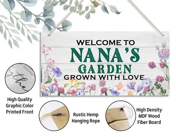 White_Vintage_Style_Welcome_To_Nana'S_Garden_Grown_With_Loved_Wood_Decor_Sign,_Hanging_Printed_Wooden_Plaque_Decor,_Rustic_Home_Decor_Sign,_Nana_Decor,_Gift_|_For_Grandma,_Women_12X6_Inch