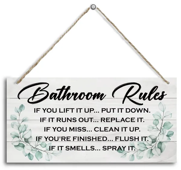 White_Hanging_Bathroom_Rules_Wood_Decor_Sign,_Hanging_Beach_Bathroom_Sign,_Hanging_Printed_Wooden_Plaque_Decor,_Rustic_Bathroom_Wood_Signs,_Toilet_Sign,_Rustic_Farmhouse_Bathroom_Wall_Decor_Sign_12X6_Inch