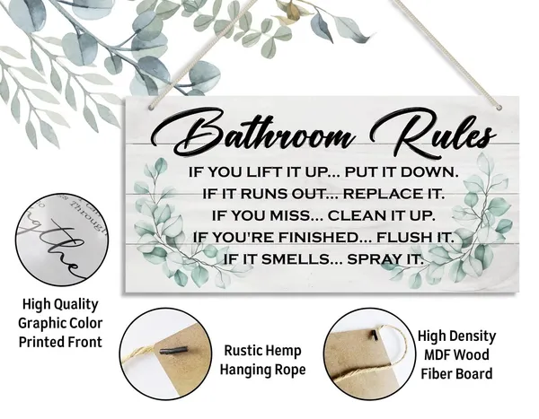 White_Hanging_Bathroom_Rules_Wood_Decor_Sign,_Hanging_Beach_Bathroom_Sign,_Hanging_Printed_Wooden_Plaque_Decor,_Rustic_Bathroom_Wood_Signs,_Toilet_Sign,_Rustic_Farmhouse_Bathroom_Wall_Decor_Sign_12X6_Inch