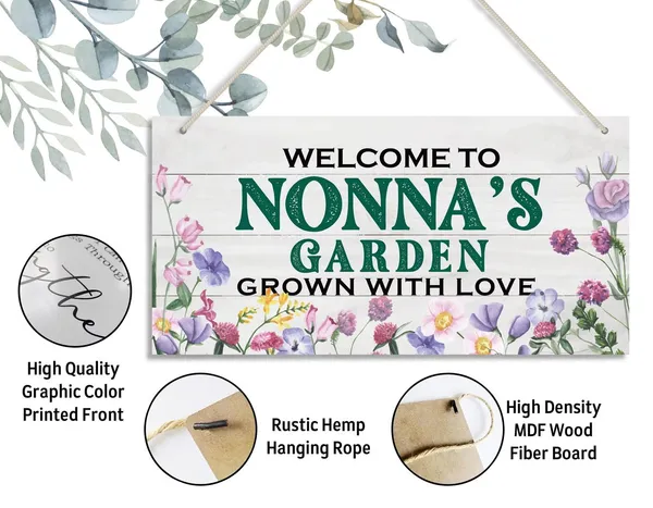 White_Vintage_Style_Welcome_To_Nonna'S_Garden_Grown_With_Loved_Wood_Decor_Sign,_Hanging_Printed_Wooden_Plaque_Decor,_Rustic_Home_Decor_Sign,_Nonna_Decor,_Gift_|_For_Grandma,_Women_12X6_Inch