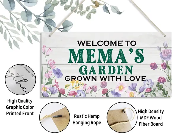 White_Vintage_Style_Welcome_To_Mema'S_Garden_Grown_With_Loved_Wood_Decor_Sign,_Hanging_Printed_Wooden_Plaque_Decor,_Rustic_Home_Decor_Sign,_Mema_Decor,_Gift_|_For_Grandma,_Women_12X6_Inch