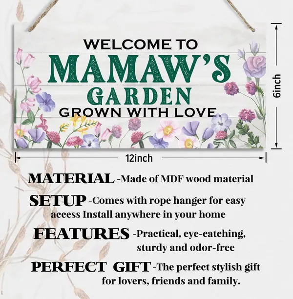 White_Vintage_Style_Welcome_To_Mamaw'S_Garden_Grown_With_Loved_Wood_Decor_Sign,_Hanging_Printed_Wooden_Plaque_Decor,_Rustic_Home_Decor_Sign,_Mamaw_Decor,_Gift_|_For_Grandma,_Women_12X6_Inch