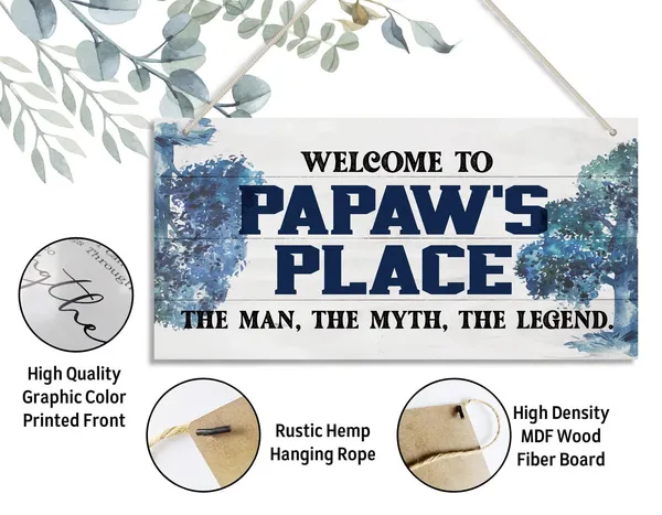 White_Vintage_Welcome_To_Papaw'S_Place_The_Man,_The_Myth,_The_Legend_Wood_Decor_Sign,_Hanging_Printed_Wooden_Plaque_Decor,_Rustic_Home_Decor_Sign,_Home_Accent,_Gift_|_For_Grandpa_12X6_Inch
