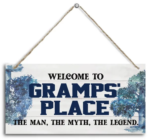 White_Vintage_Welcome_To_Gramps'_Place_The_Man,_The_Myth,_The_Legend_Wood_Decor_Sign,_Hanging_Printed_Wooden_Plaque_Decor,_Rustic_Home_Decor_Sign,_Home_Accent,_Gift_|_For_Grandpa_12X6_Inch